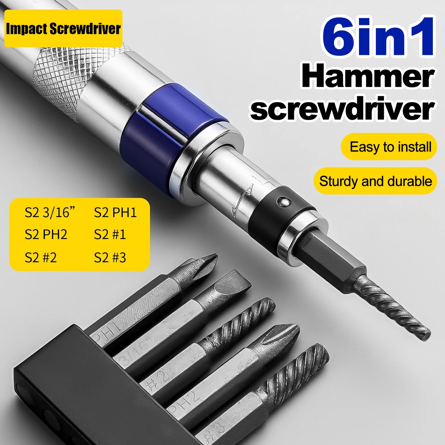 6-in-1 Schlagschrauber-Set, Schlagschrauber zum Entfernen von verrosteten, festsitzenden und gebrochenen Befestigungselementen, Schraubendreher-Set mit kompletten Spezifikationen