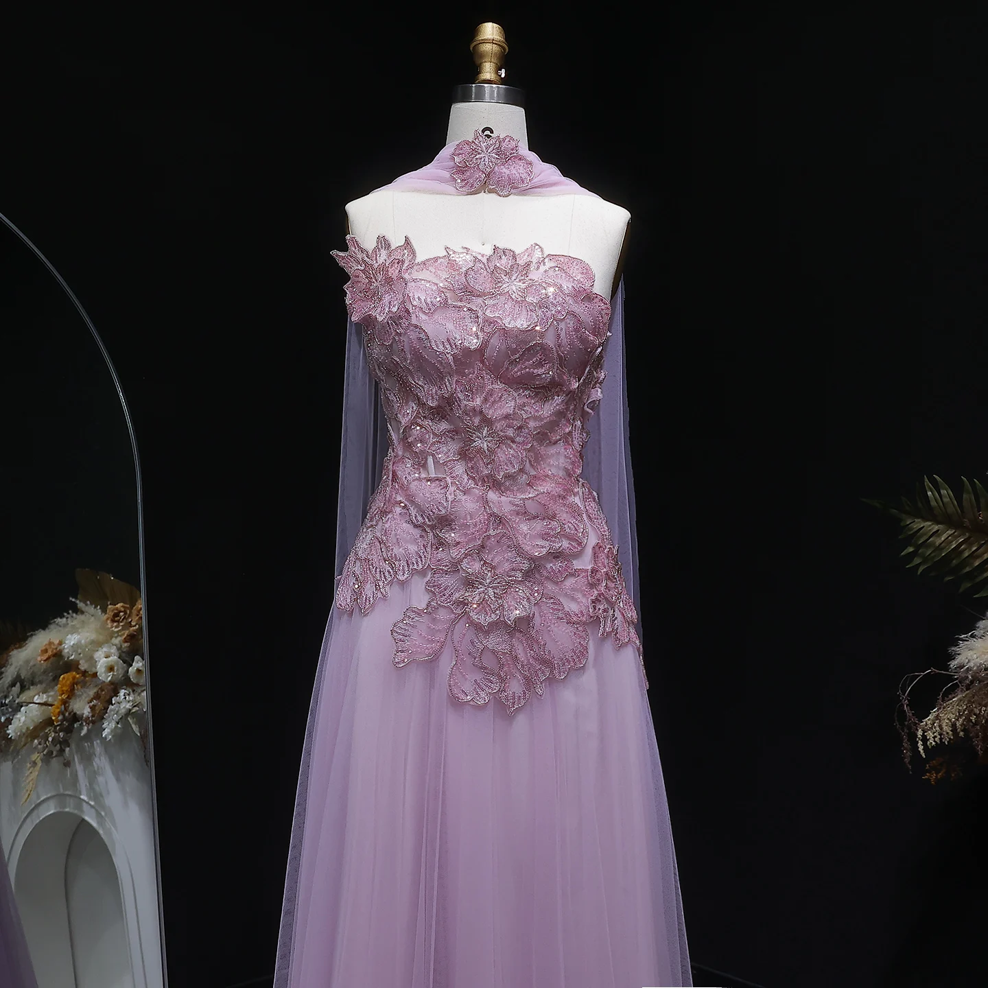Sharon Said Atemberaubendes Abendkleid mit rosa Tüllblumen-Applikationen 2026 Luxuriöses Damen-Abendkleid für formelle Anlässe SS239 Maßanfertigung – Detail 7