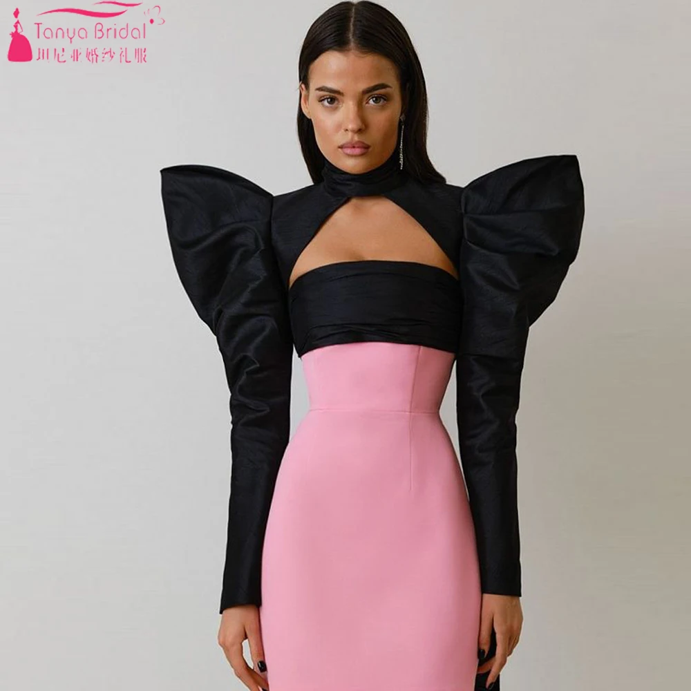 Black Taffeta Long Sleeved Jacket High Collar Puffy Shoulder Fashion Bolero Bridal Accessories Chic   ZJ224