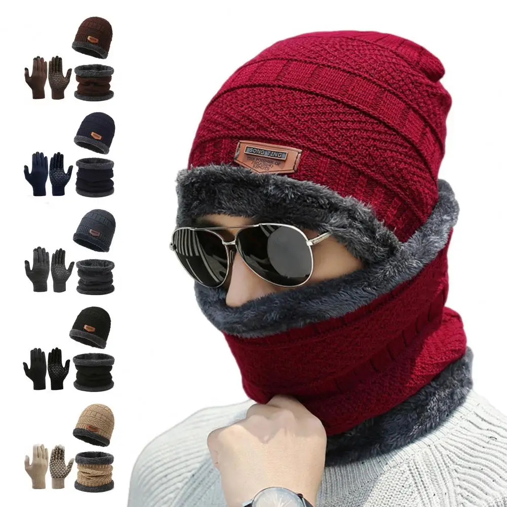 Comfy Winter Hat Scarf Gloves Men's Winter Hat Scarf Gloves Set Thick Knitted Warm Elastic Ear Windproof Outdoor