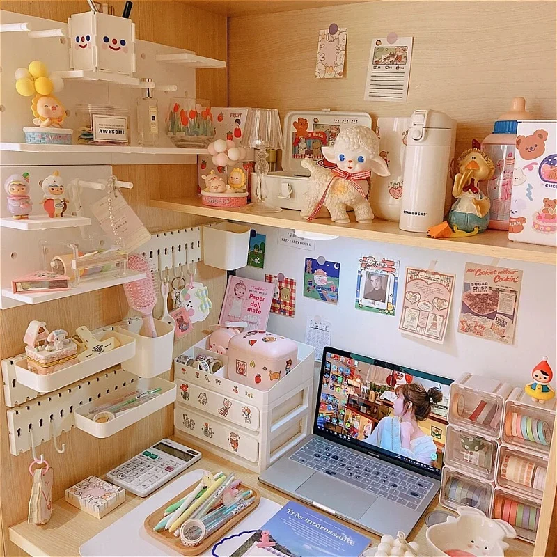 Kawaii Desktop Storage Box Organizer Set Drawer Cute Plastic Desk Storage Shelf Office Desktop Organizer Pen Holder Storage Box