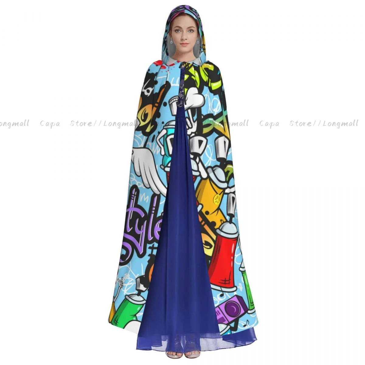 Adult Graffiti Spray Can Characters Urban School Youth Street Art Cloak Cape Hooded Medieval Costume Full Length Dress Coat