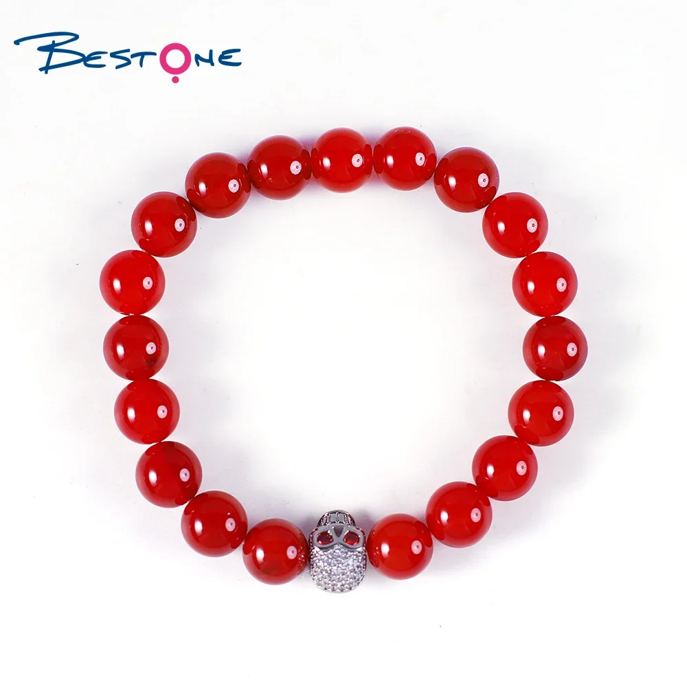 Bestone 10MM Red Agate Round Beads With Real Gold Plated Skull Charm Bracelets Gift for Men