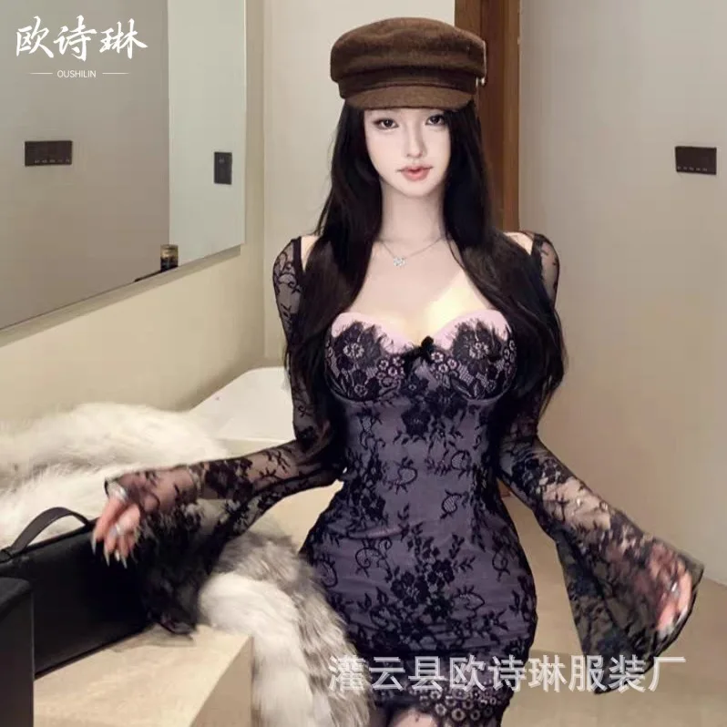 

New Ou Shilin Internet celebrity pure desire Spice girl lace slim and thin temperament hip base short royal sister style