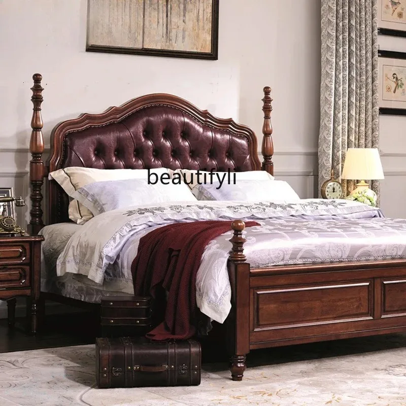 Mahogany American solid wood bed double  master bedroom queen bed retro soft bag bed H