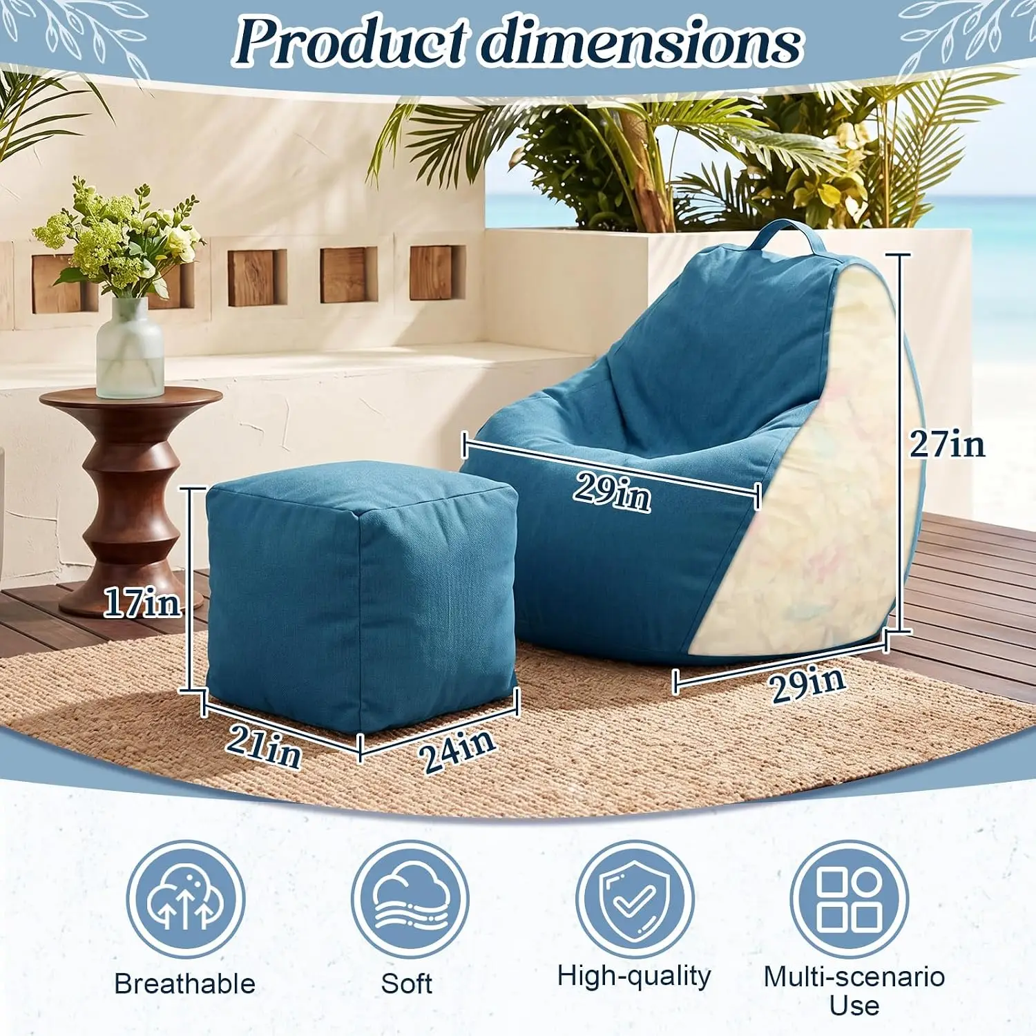 Outdoor Bean Bag Chair, Waterproof for Boat,Blue