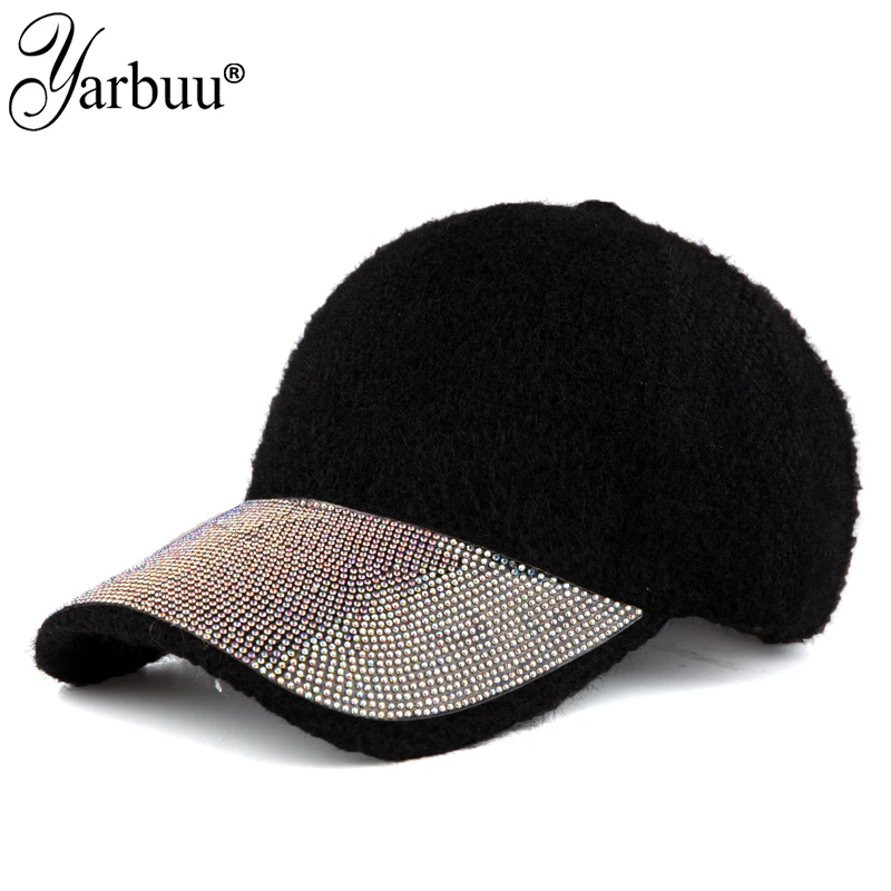 

[YARBUU] New Fashion High Quality Winter Baseball Cap For Women Solid Wool Gorras Hat Keep Warm Rhinestone Casquette Hats