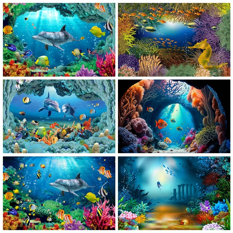 Underwater World Seabed Photography Backdrop Decor Ocean Undersea Fish Coral Baby Birthday Aquarium Background