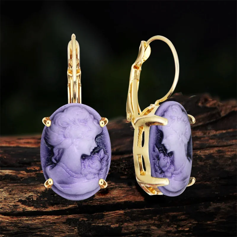 6 Colors Oval Lady Queen Cameo Earrings For Women Gold Color Pink Purple Blue Fashion Claw Pendant Cameo Earring