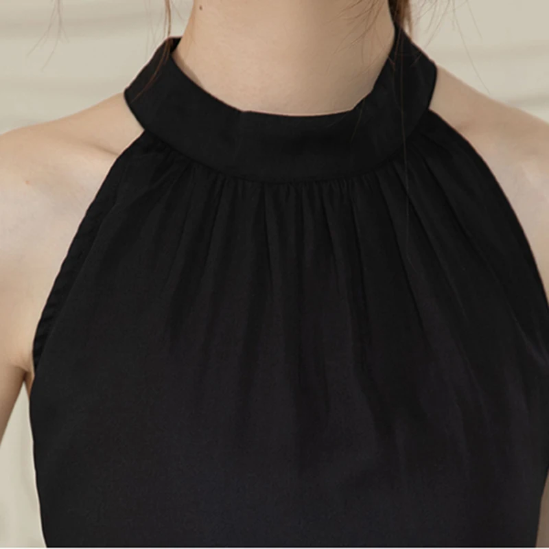 Black Summer Halter Chiffon Blouses For Women 2024 High Street Casual Sexy Sleeveless Tank Shirts Tops