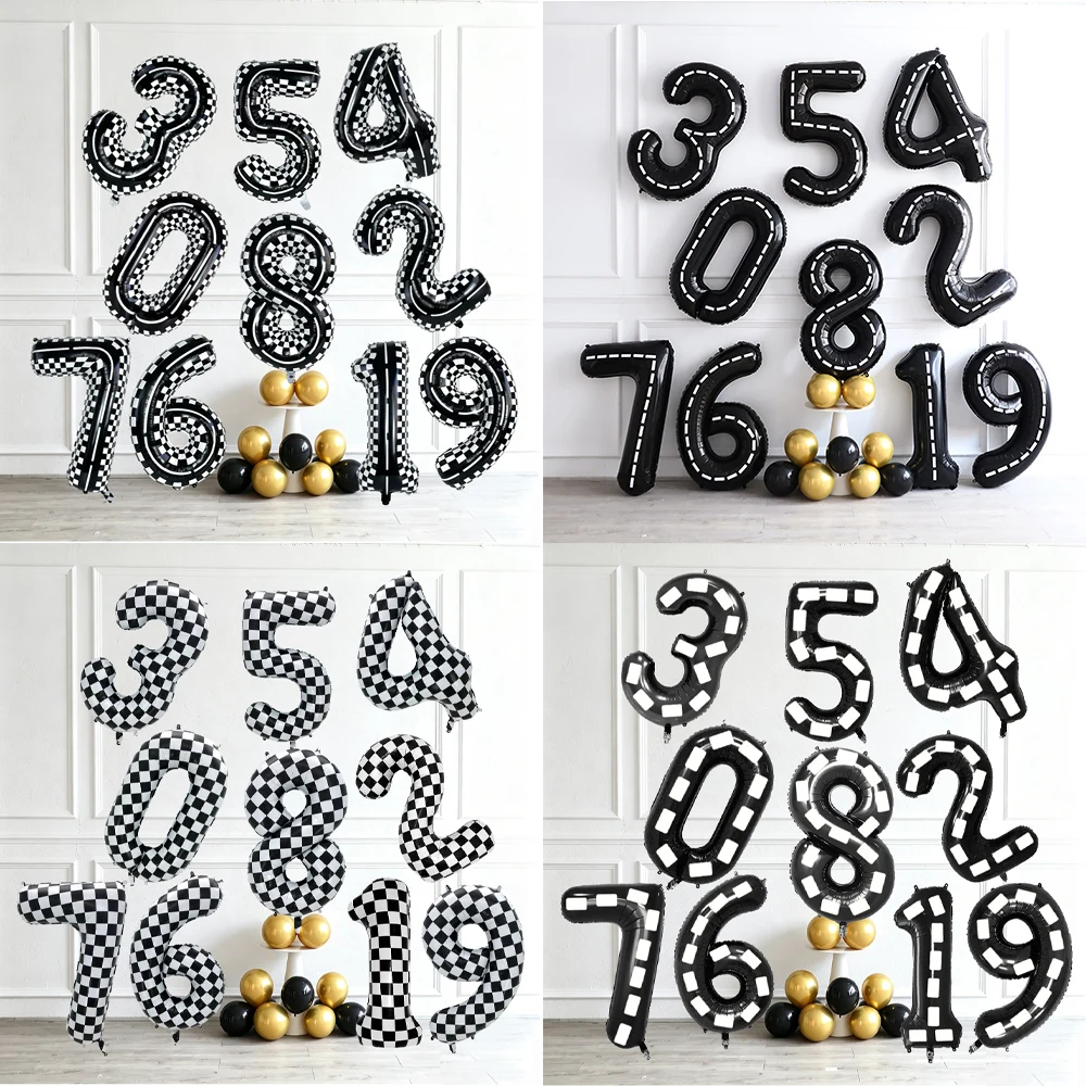 32/40Inch Race Car Birthday Number Balloon Truck Racetrack White Checkered 0-9 Foil Balloon Boys Birthday Racing Car Party Decor