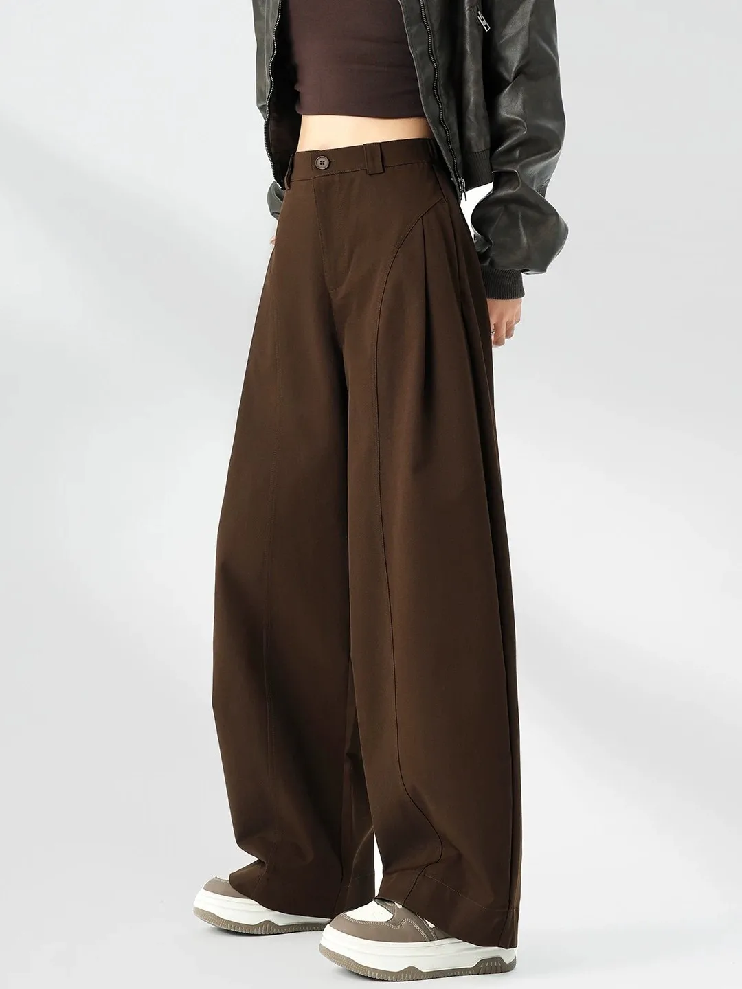 Khaki Wide Leg Pants Women's Loose Casual Trousers Autumn New Style Pleated Design Bass Pants Knife Pants
