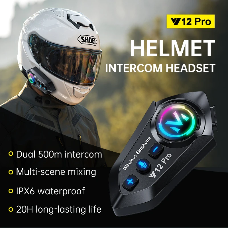 Bluetooth 5.4 Motorcycle Helmet Intercom Headset 500M Intercomunicador For 2 Riders Wireless Interphone Handsfree Call Earphone