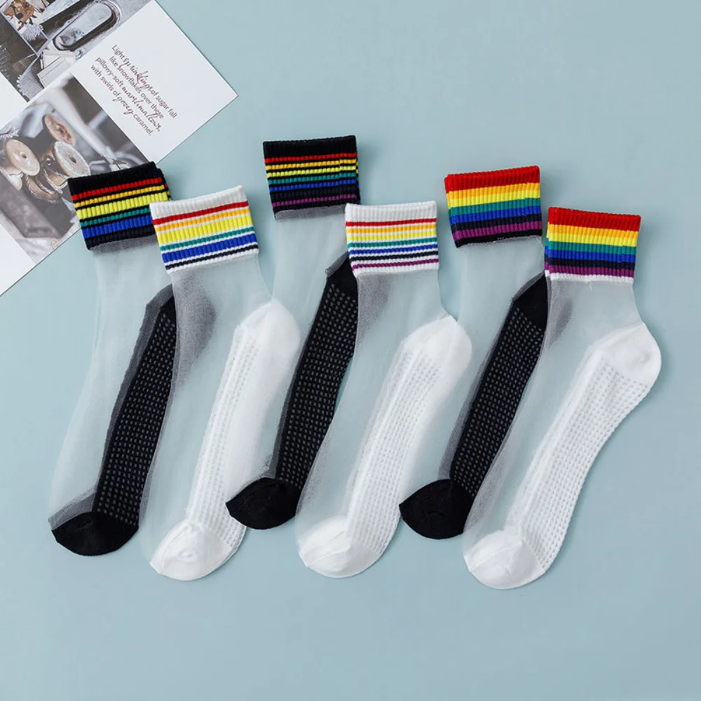 

6 Pairs New Spring and Summer Korean Version Rainbow Striped Crystal Silk Socks Thin Style Breathable Women's Glass Silk Socks