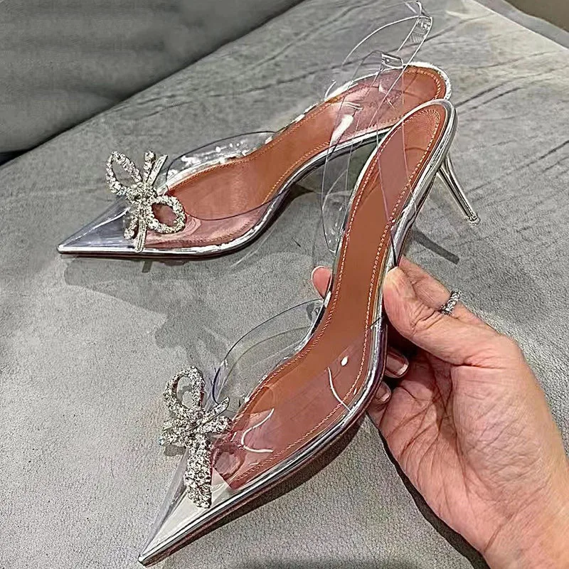 Saltos altos de PVC transparente com strass para mulheres, saltos claros strass luxuosos, sapatos de casamento elegantes, moda verão