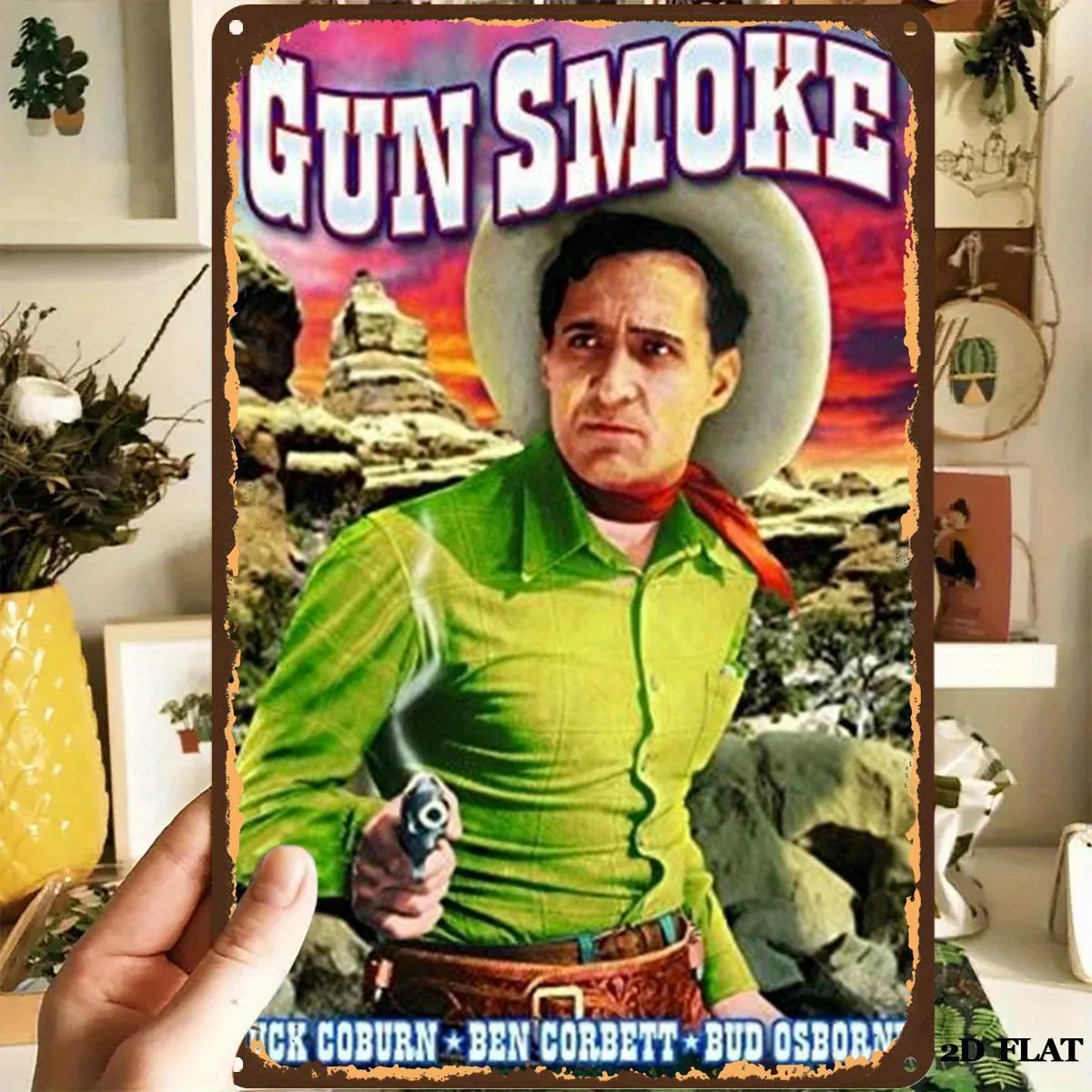 Vintage Gun Smoke Western Movie Poster Metal Tin Sign - Vintage Cowboy Art Print with Pre-Drilled Holes, for Home, Bar, Garage,