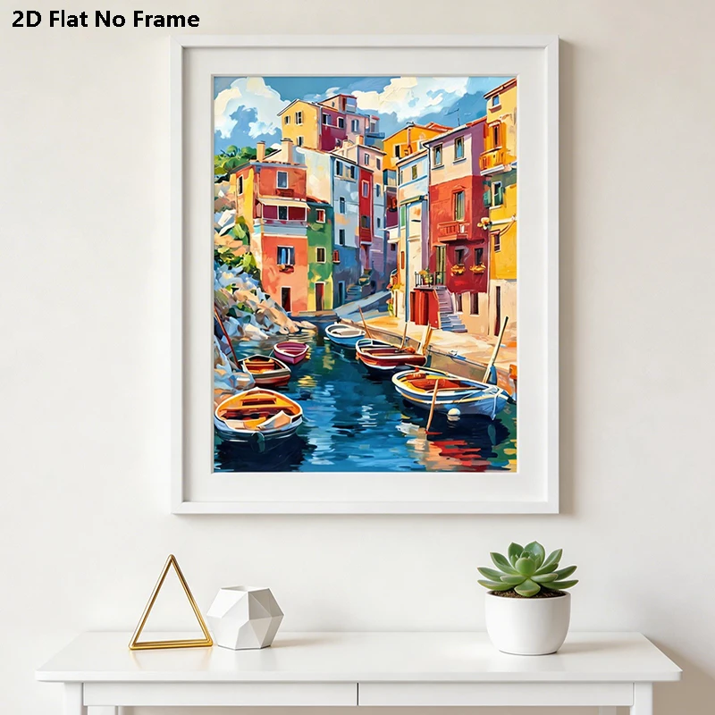 1PC 2D Mediterranean landscape painting - colorful houses and ships - framed without a frame - suitable for home decoration