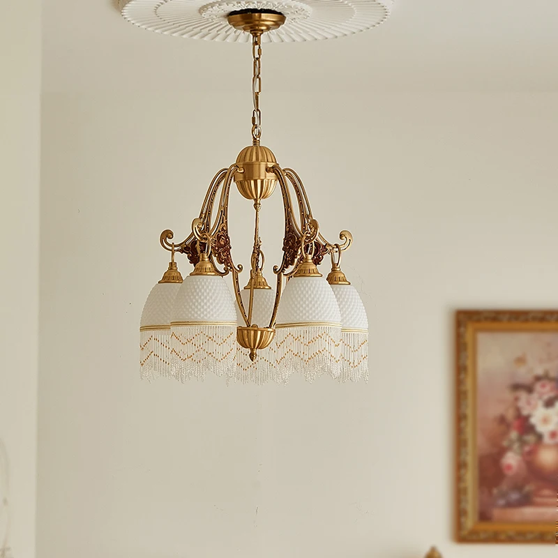 

European Luxury White Glass Tassel LED Chandeliers Brass Ceiling Hanging Lamp Living Room Bedroom Restaurant Hotel Pendant Light