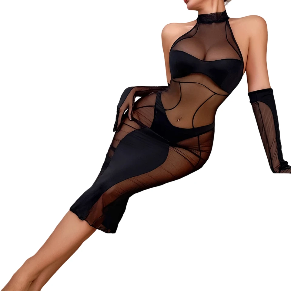 

Muziskat 2025 Perspective Gauze Irregular Patchwork Shaping Sexy Women Stunning Nightclub Dress with Gloves three-piece Set