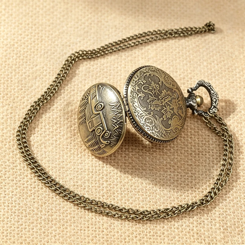 Vintage Old Pickup Truck Forest Design Men Women Quartz Pocket Watch with Necklace Chain Arabic Number Clock Collector Gift