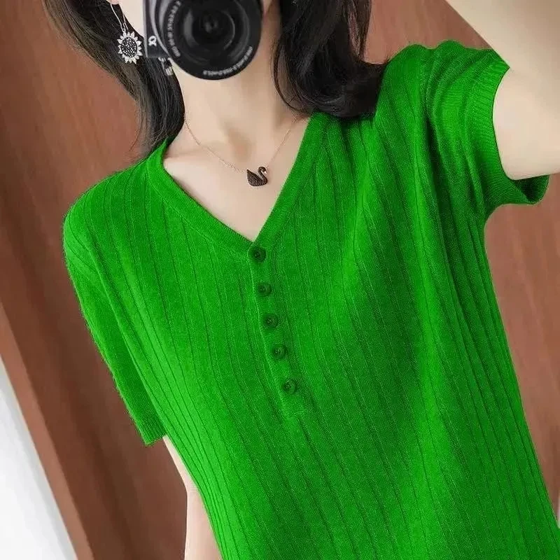 الصيف النساء الحرير الجليد قصيرة الأكمام تي شيرت الكورية موضة الخامس الرقبة زر الصلبة فضفاضة رقيقة كل مباراة البلوز محبوك القمم الإناث #6