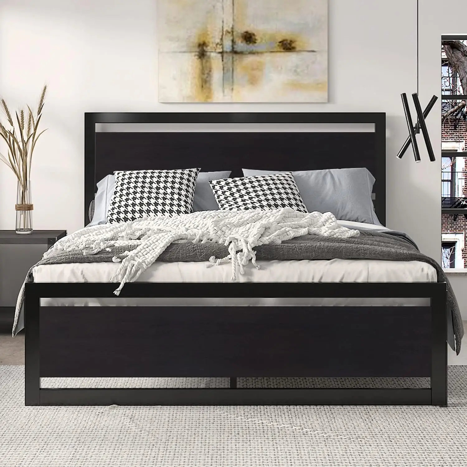 Queen Size Bed Frame with Modern Wooden Headboard/Heavy Duty Platform Metal Bed Frame with Square Frame Footboard & 13 Strong Me