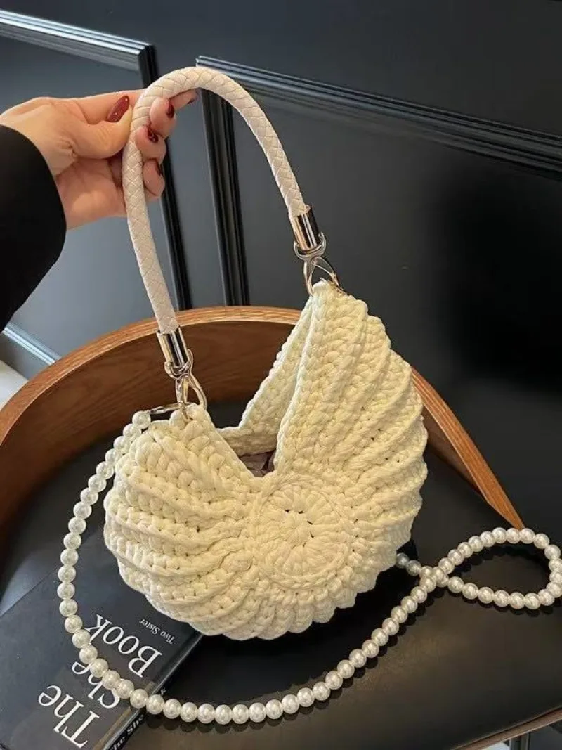 Creative Conch Shaped Crochet Women Shoulde Bags Funny Cute Pearls Chains Handmade Weave Crossbody Bag Novelty Small Handbags