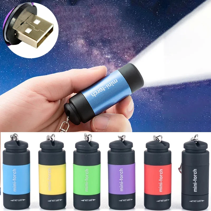 Led Mini Torches Light USB Rechargeable Portable Flashlight Keychain Torch Lamp Waterproof Light Hiking BBQ Camping Flashlights