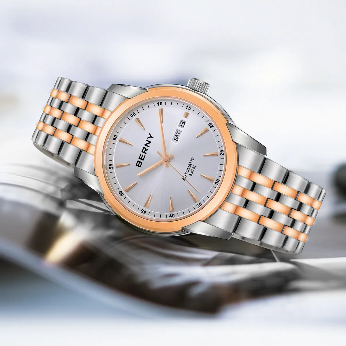 BERNY Luxury Automatic Watches for Men Calendar Sapphire Business Dress Men's Mechanical Watch Full Stainless Steel 5AMT