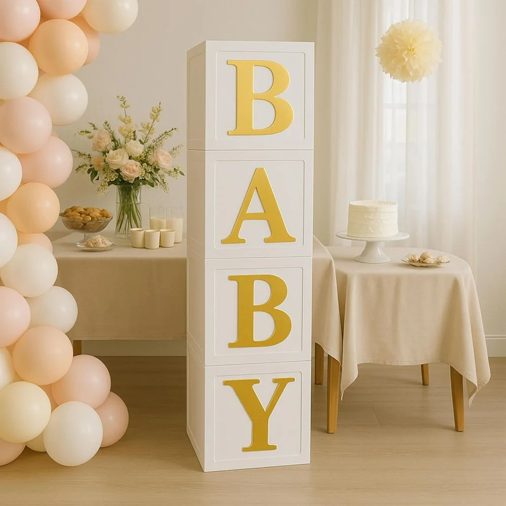 4-teiliges Alphabet BABY Ballonbox-Set, Geschenkbox zum 1. Geburtstag, Dekorationsbox für Jungen und Mädchen, Geburtstagsparty-Deko, Babyparty-Requisiten – Detail 2
