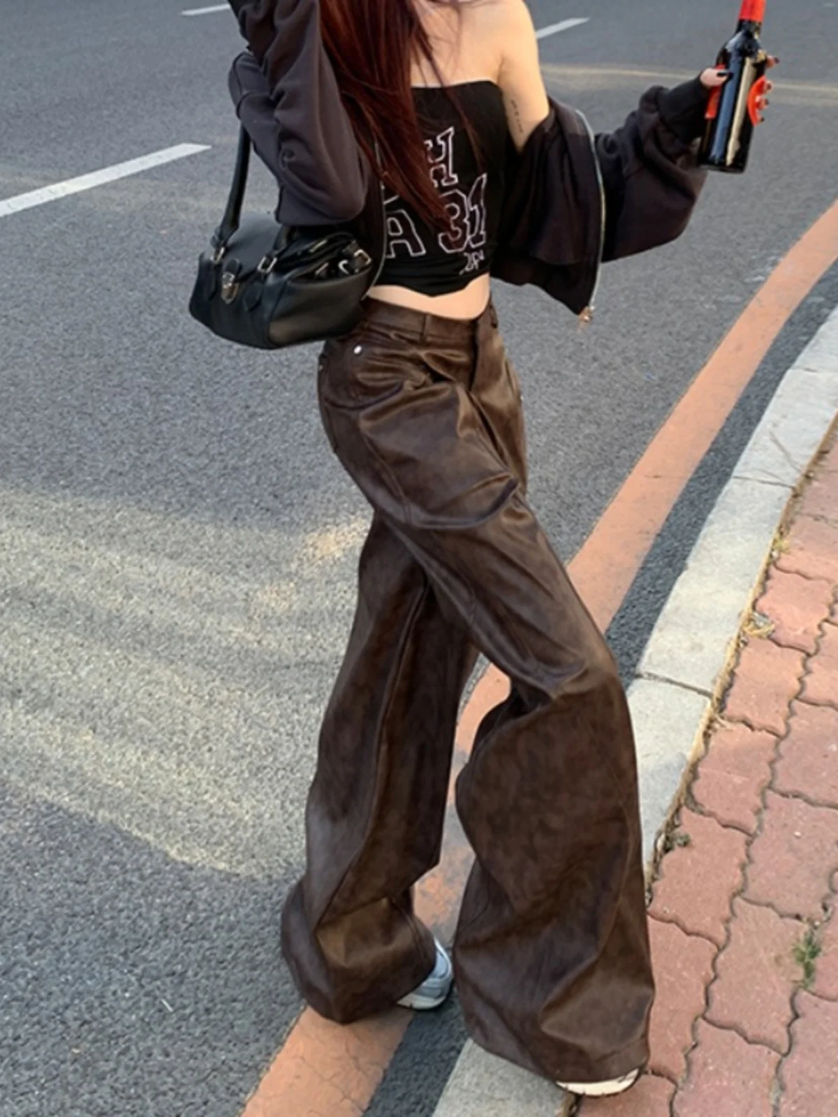 

Коричневые кожаные брюки с высокой талией для женщин, осенне-зимние, широкие, для офиса, в корейском стиле, из шелкового материала OFF