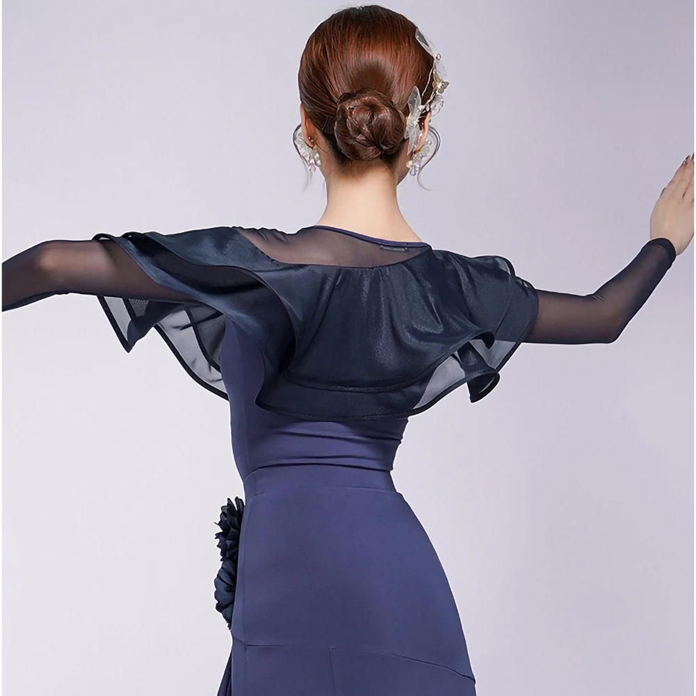 Latin Dance New Red Line Dance Dark Blue Top Performance Suit Black Women's  Round Neck Purple Rain Blue High-End Top