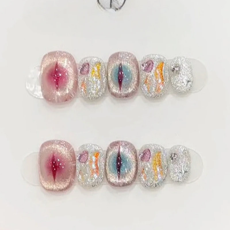 

10Pcs Colorful Short Round Handmade Glass Cat Eye Nail Cute Sweet Simple Design Shiny Fake Nail Wearable Fashion Finished Summer