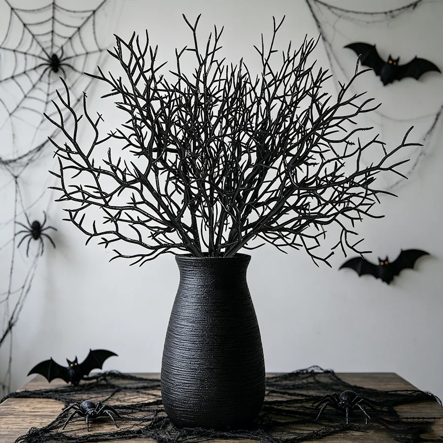 10 Stück Halloween Schwarze Künstliche Zweige für Halloween-Geburtstagsfeiern, Esstisch-Vasendekoration, Plastik-Pflanzenzweige, Blumen