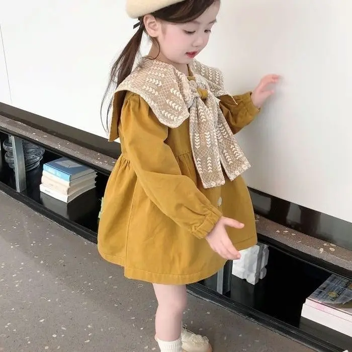 Baby Girl Doll Collar Loose Trench Coat 2023 Spring Fall New Korean Children\'s Bow Princess Dress Girls Kids Dresses for Girls