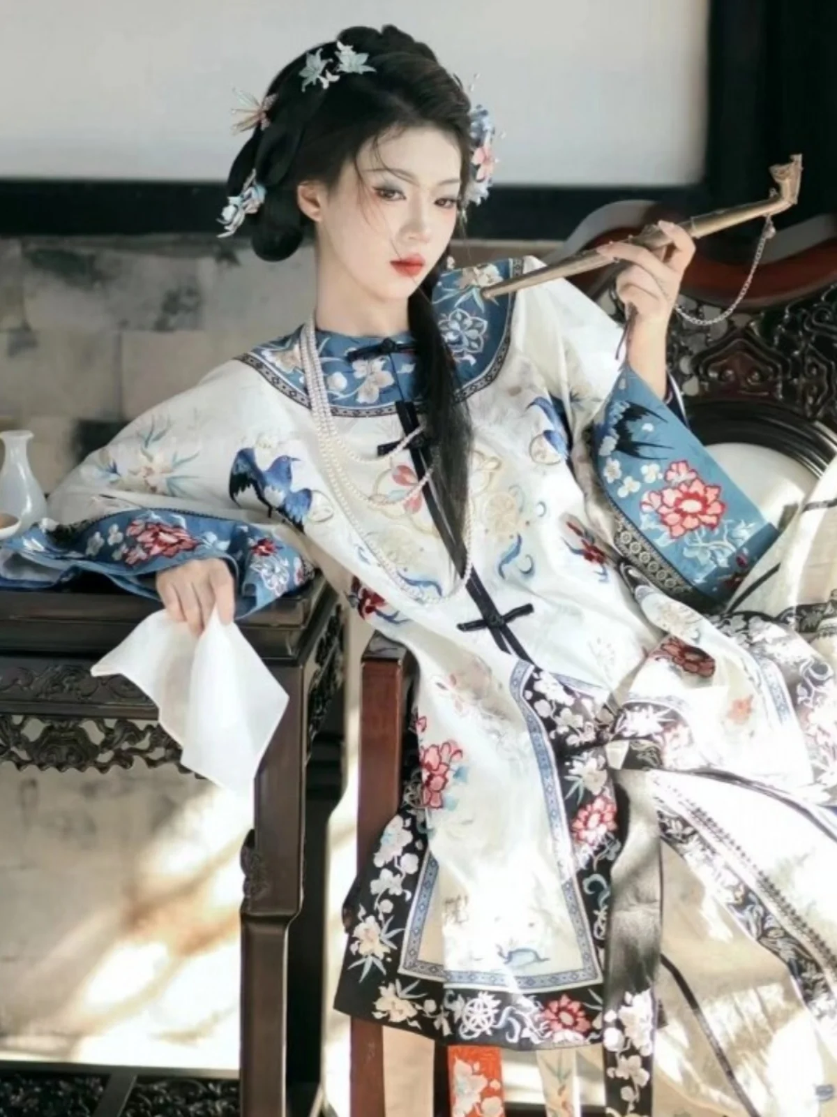 

Traditional Chinese Hanfu Photography Costume Women's round Neck Print Tang Suit Studio Theme Photo Shoot Set for Young Girls