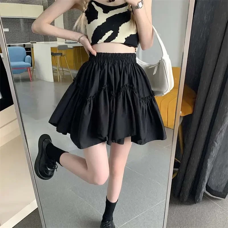 White Women Cake Skirt High Waist Thin Retro A-line Skirts Sweet Lovely Spring Summer Preppy Style Balck Mini Skirt