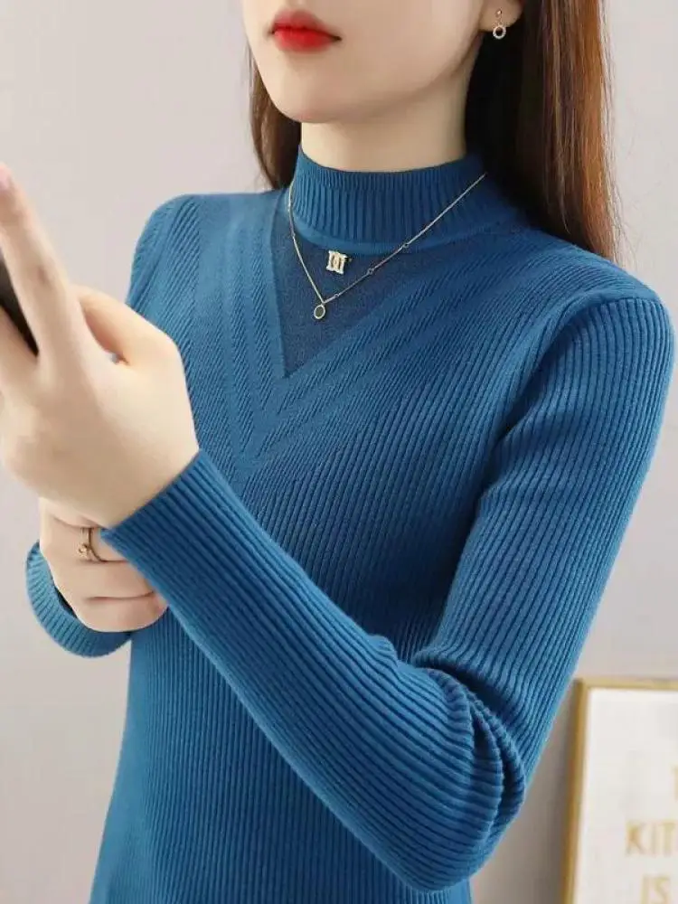 

Autumn Winter New Solid Half High Neck Long Sleeve Slim Pullover Sweater Women Festival Versatile Short Knitted Tops 2025 Casual