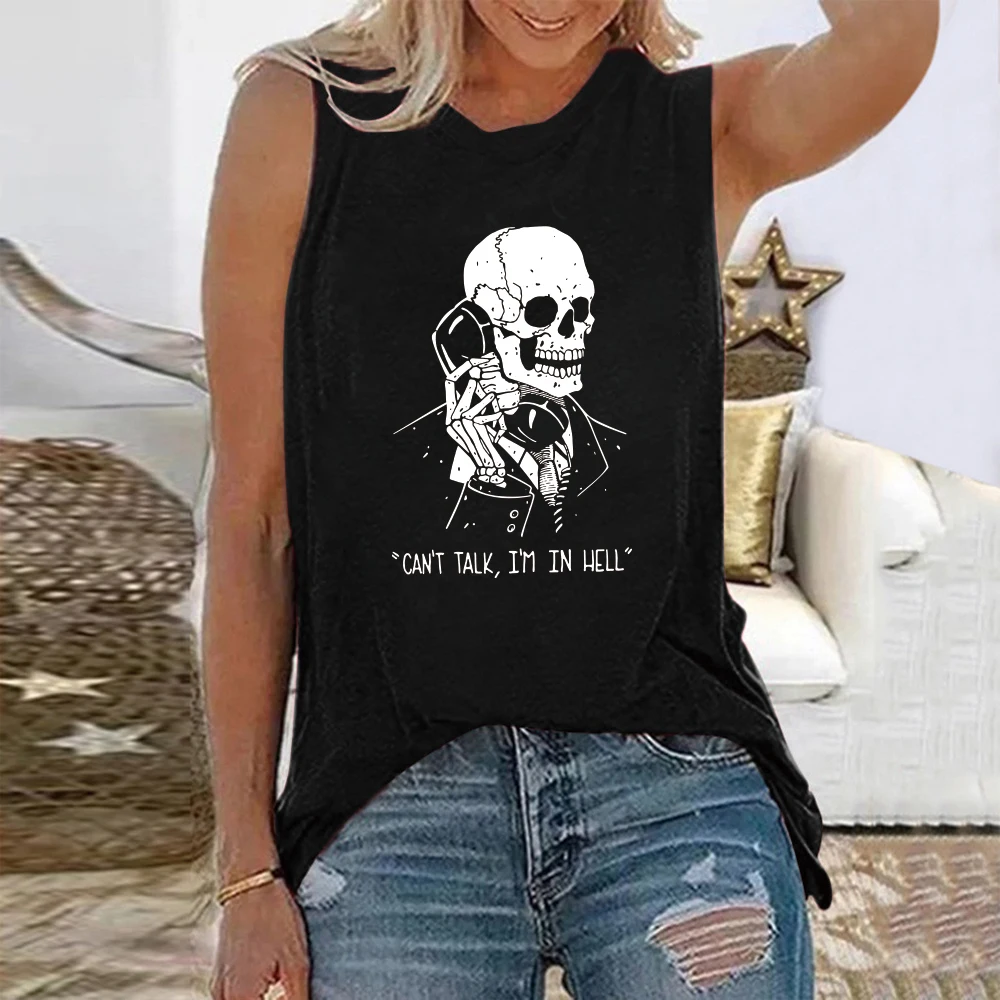 Seeyoushy Can\'t Talk,i\'m In Hell Print Funny Skeleton Skull Print Women T-shirts Round Neck Sleeveless Summer Loos Tee Shirt Top