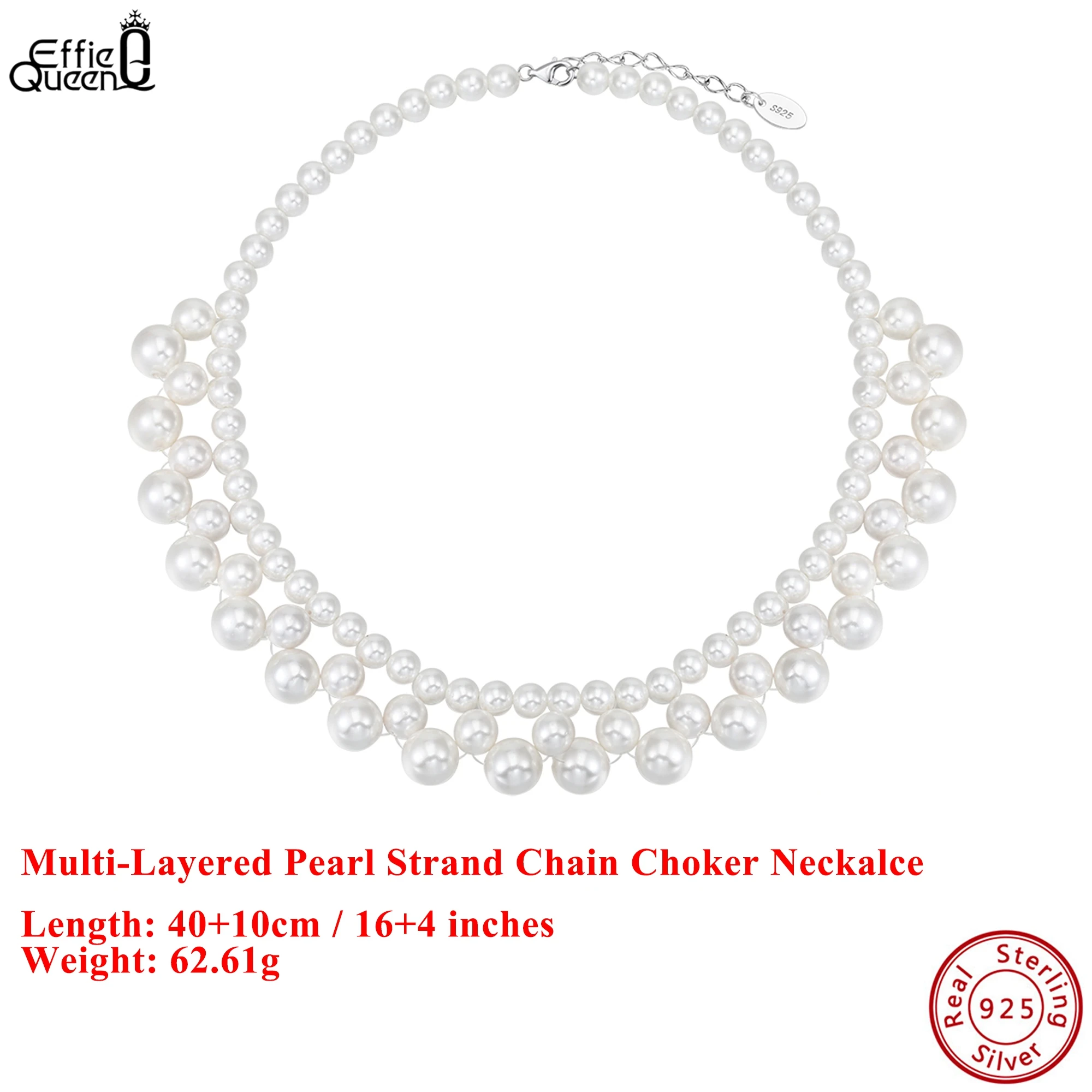 

Effie Queen Genuine 925 Silver Multi-Layer Round Shell Pearl Chain Choker Necklace Natural Jewelry for Women Wedding Party PSN13
