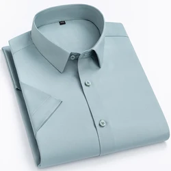 Camisa de manga corta de fibra de bambú para hombres, camisa Formal de negocios, ajustada, No de hierro, suave, acogedora, sin bolsillos, delgada, Color sólido, informal