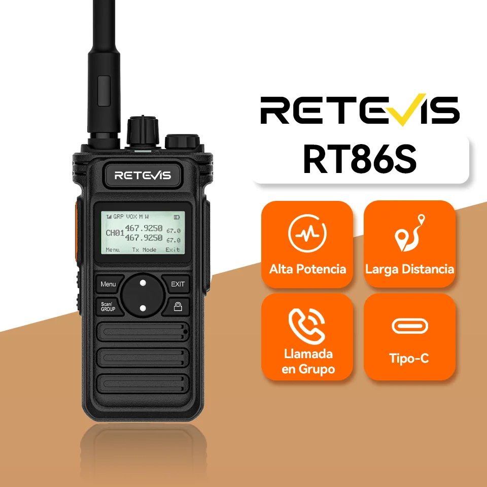 Retevis RT86S Walkie Talkie de largo alcance de alta potencia VOX tipo C 2600mAh LCD actualizado RT86 Radio bidireccional para acampar senderismo al aire libre