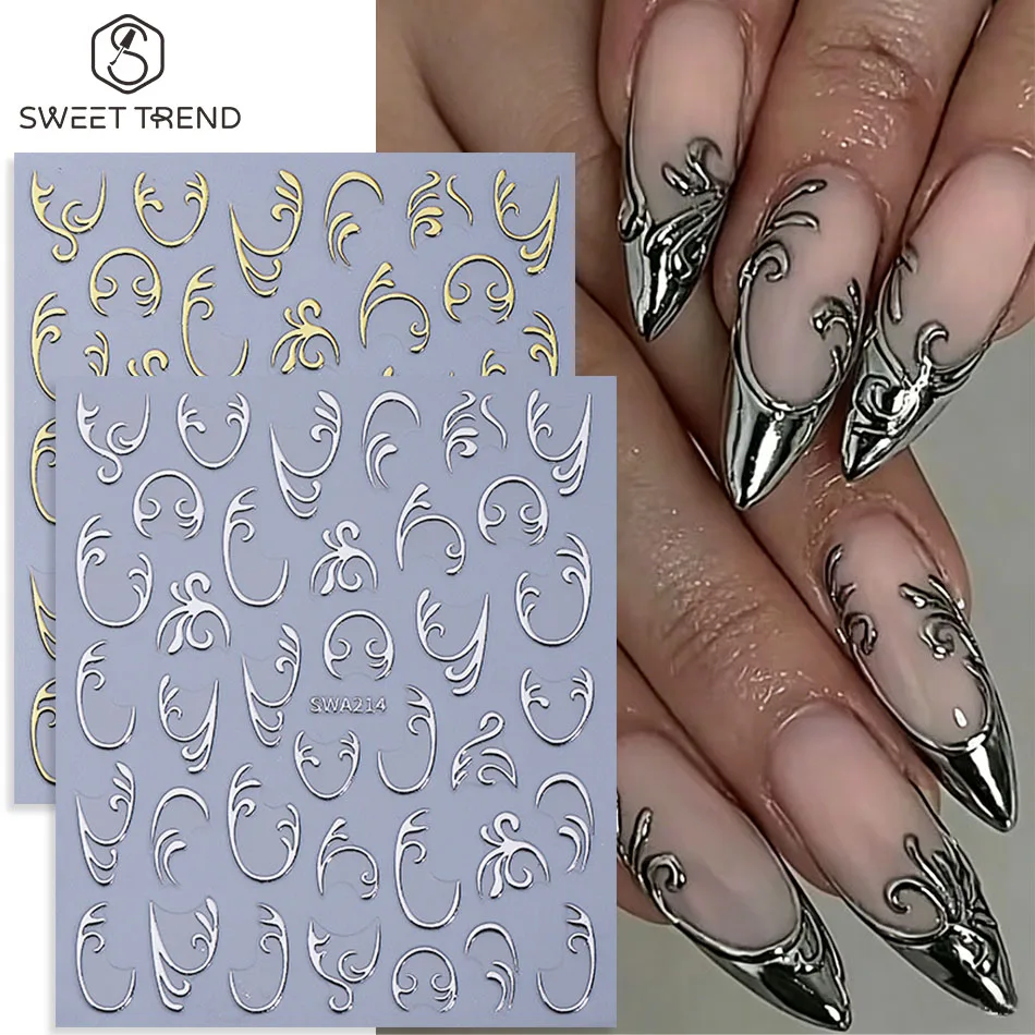 2pcs Bronzing Nail Stickers Retro Flower Patterns Line French design Self Adhesive Nail Decals DIY Manicure Decor Nail Supplies