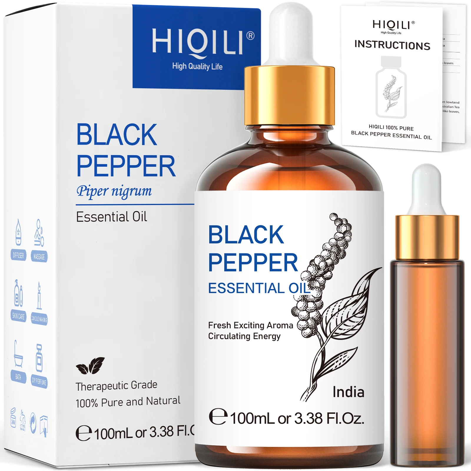 100ML Black Pepper Essential Oils, HIQILI 100% Pure Spice OIil Used for Diffuser, Humidifer, Relieving Stress, Making candles