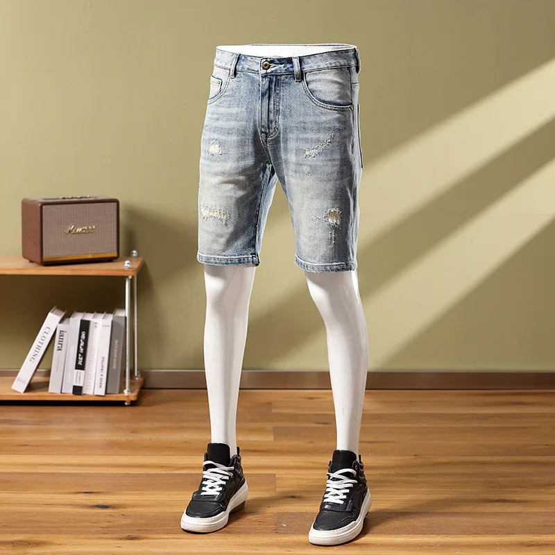 Fashion denim shorts for men2024summer scratch street trend retro slim fit light straight-leg casual cropped pants