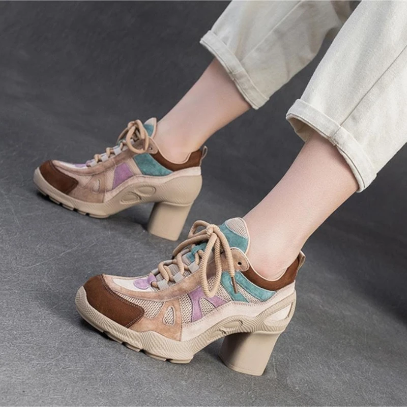 Cross Tied Mixed Colors Sneakers Round Toe Height Increase Mesh Patchwork Women Casual Retro Platform Pumps 2026 Autumn Trend