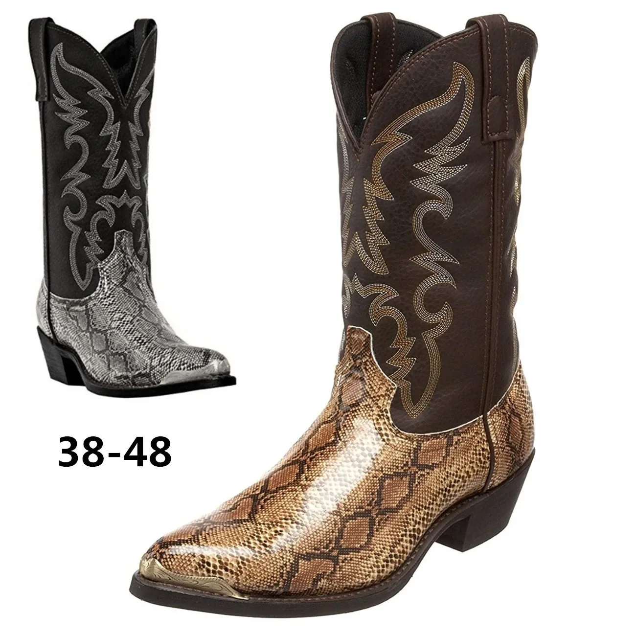 Padrão de cobra masculino botas artesanais de meia panturrilha, botas ocidentais retro pontiagudas, sapatos unissex, plus size, 38-48