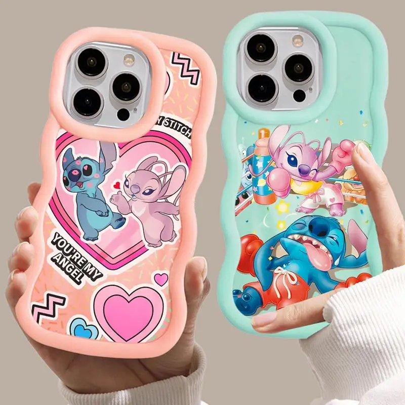 Luxury Macaron Waves Phone Case for iPhone 15 14 13 12 11 pro Max XS XR X 7 8 plus Disney Love Stitch Angel Funny Candy Cover