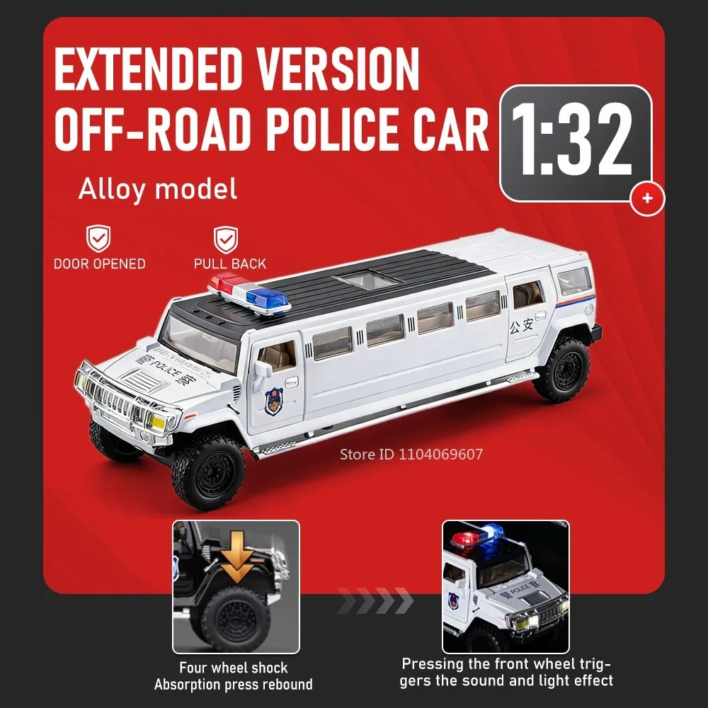 

1:32 Police Car Model Toys Alloy Diecast Off-road Vehicles Pull Back Doors Opened Shock Absorption Sound Light for Kids Gifts