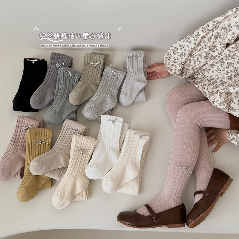 Girls Tights Spring Autumn Cartoon Bowknot Tights Solid Color Cotton Pantyhose Kids Stretch Leggings  Children Tight Pants